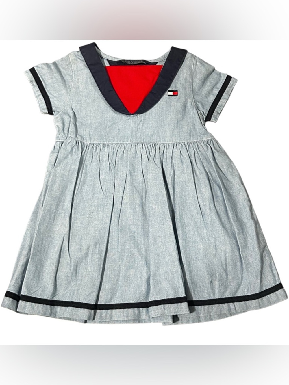 Vtg Tommy Hilfiger Girls Chambray Sailor Dress 2T Big Flag Back 90s Y2K